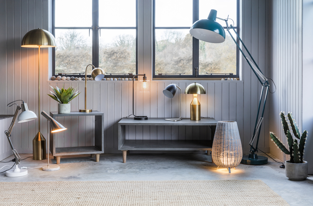 Selection of lamps with Bergen Cube Lamp + Coffee Tables